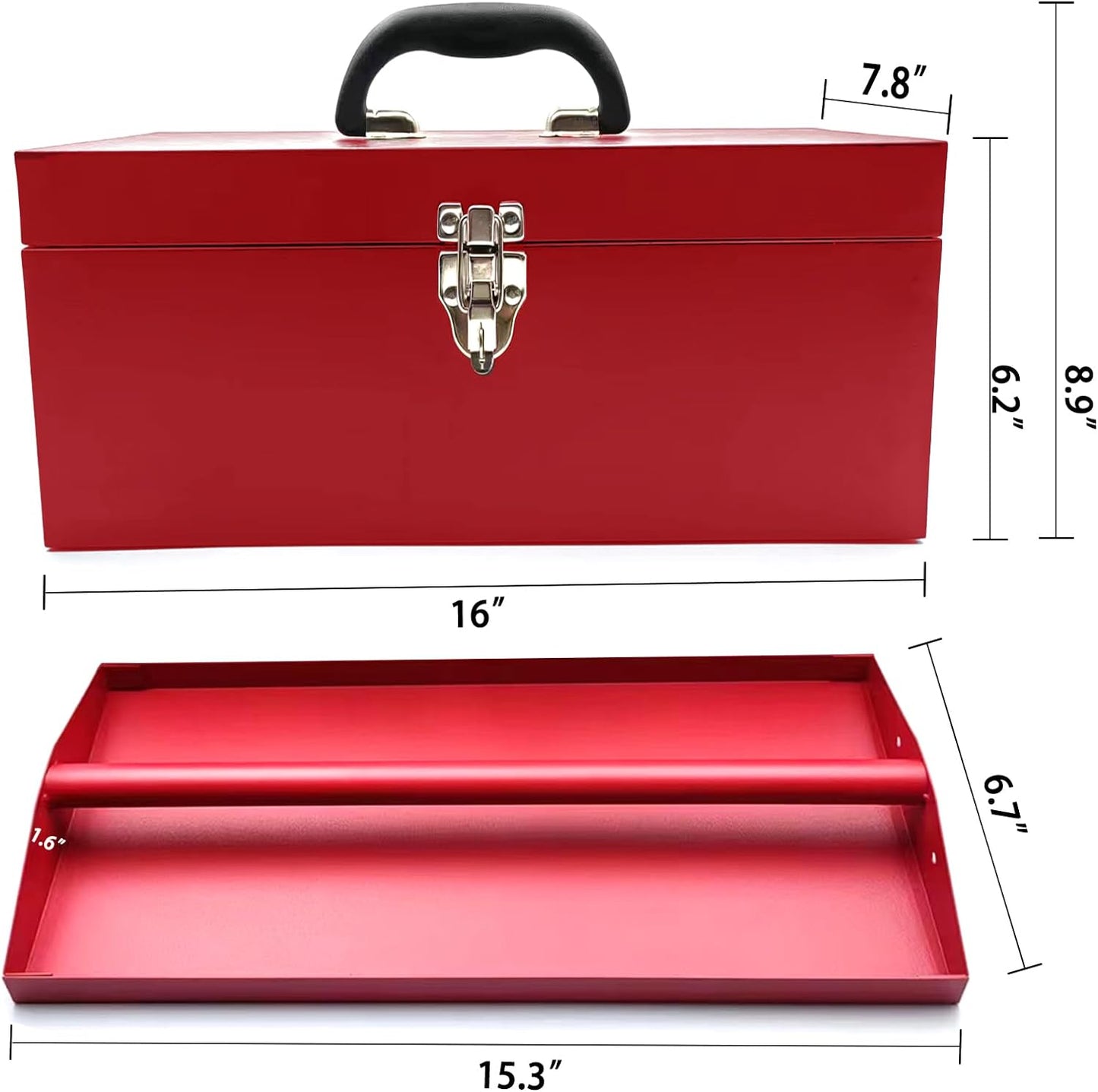 16" Portable Steel Heavy-duty Large Tool Box 18-Gauge Fishing Tackle Box Tool Box Drawer Organizer With Metal Latch and Handle Red