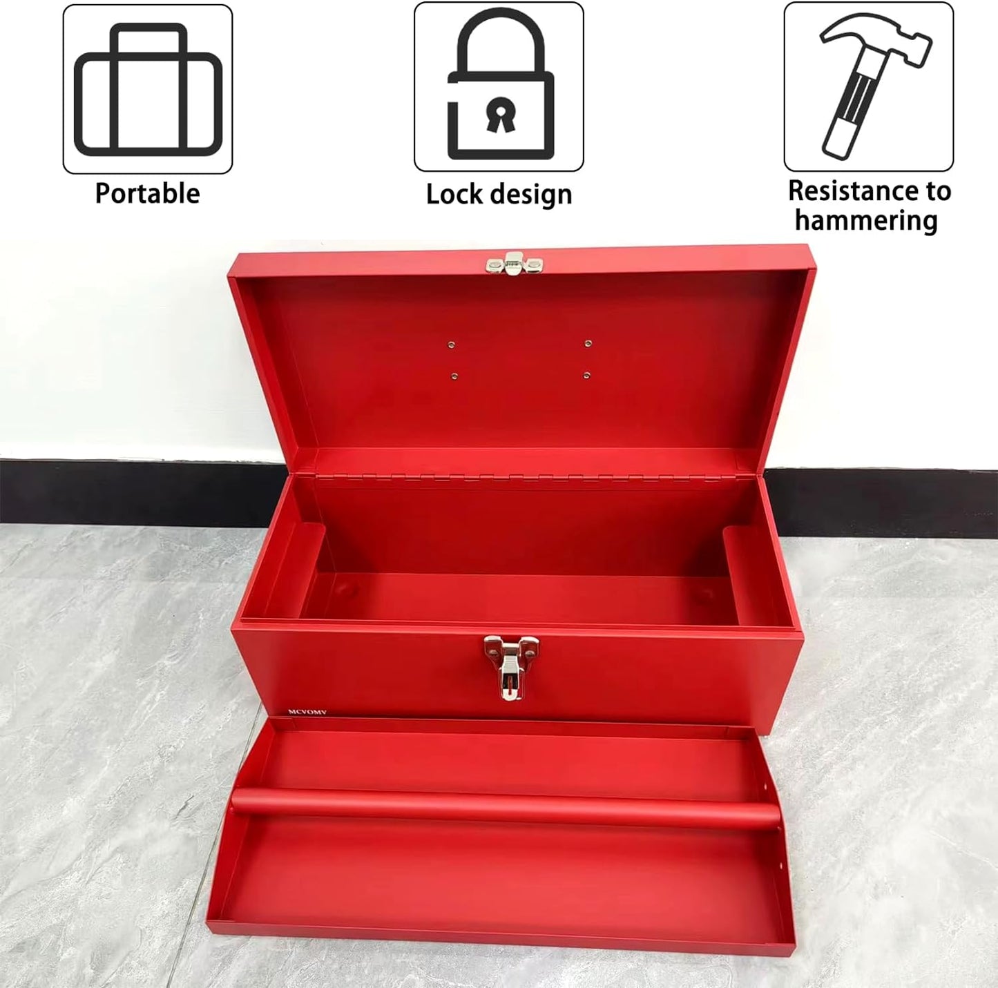 16" Portable Steel Heavy-duty Large Tool Box 18-Gauge Fishing Tackle Box Tool Box Drawer Organizer With Metal Latch and Handle Red