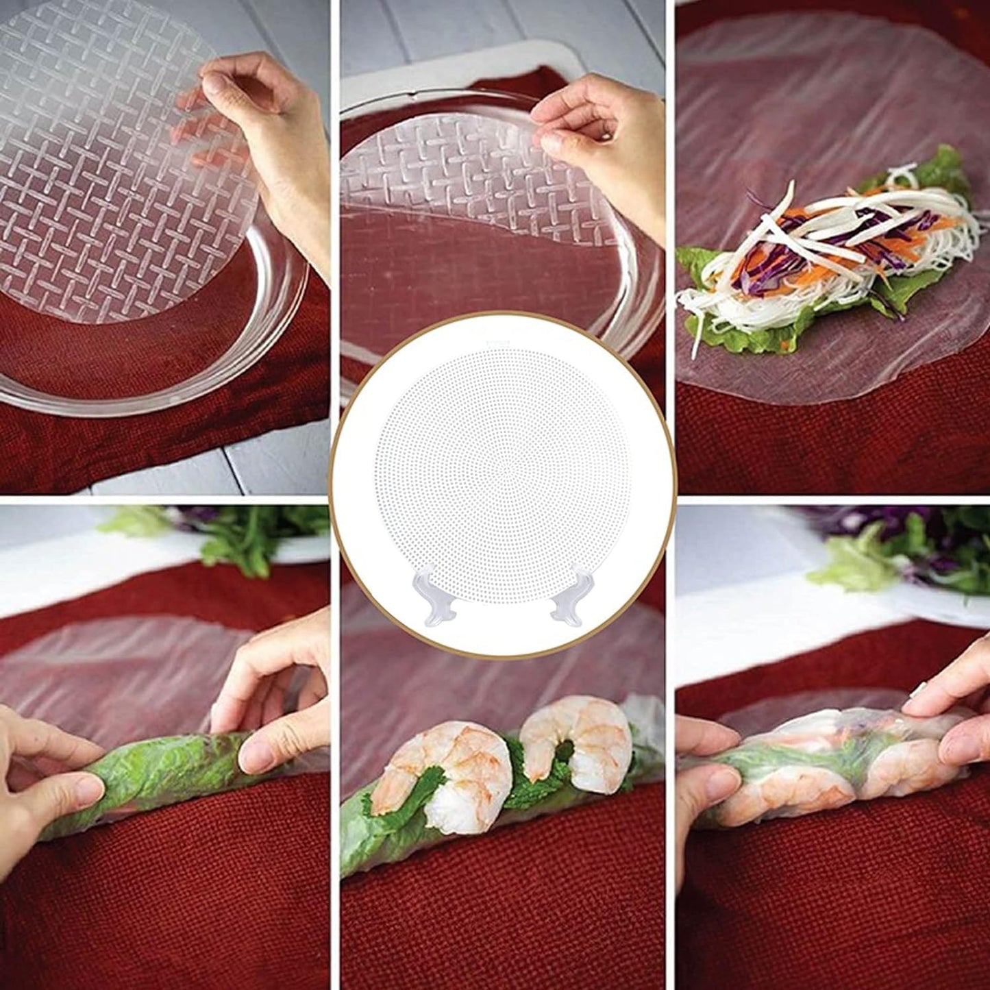 Rice Paper Water Bowl Holder Wrappers Rice Paper Wrappers for Spring Rolls Maker Large Bowl Shrimp Paper Roll Pastry Holder Rice Paper Holder 10 Plastic Mesh Trays and 1 Collapsible Stand